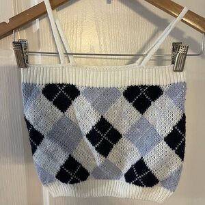 Full Tilt Off-the-Shoulder Argyle Sweater - White, Black, and Blue